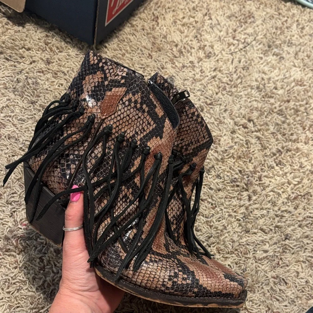 Tony Lama Fringe Snake-Print Ankle Boots - Brown - Picture 7 of 7